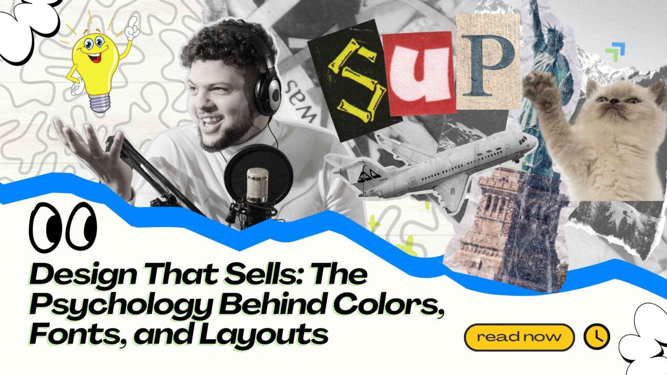 Creative thumbnail featuring a smiling podcaster at a microphone, playful graphics like a cartoon lightbulb and cat, airplane, Statue of Liberty, and the phrase 'Design That Sells: The Psychology Behind Colors, Fonts, and Layouts' for a blog on effective design strategies.