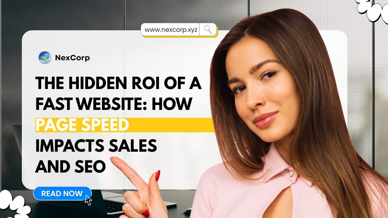 Digital marketing article thumbnail for NexCorp: The Hidden ROI of a Fast Website, showing how page speed impacts sales and SEO, with woman pointing at bold headline and page speed highlighted for website optimization and conversion growth.