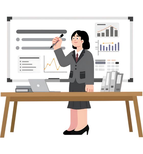 Female sales representative giving business presentation in office, standing by whiteboard with charts and graphs, using laptop and documents on desk, sales analytics and marketing performance report illustration.