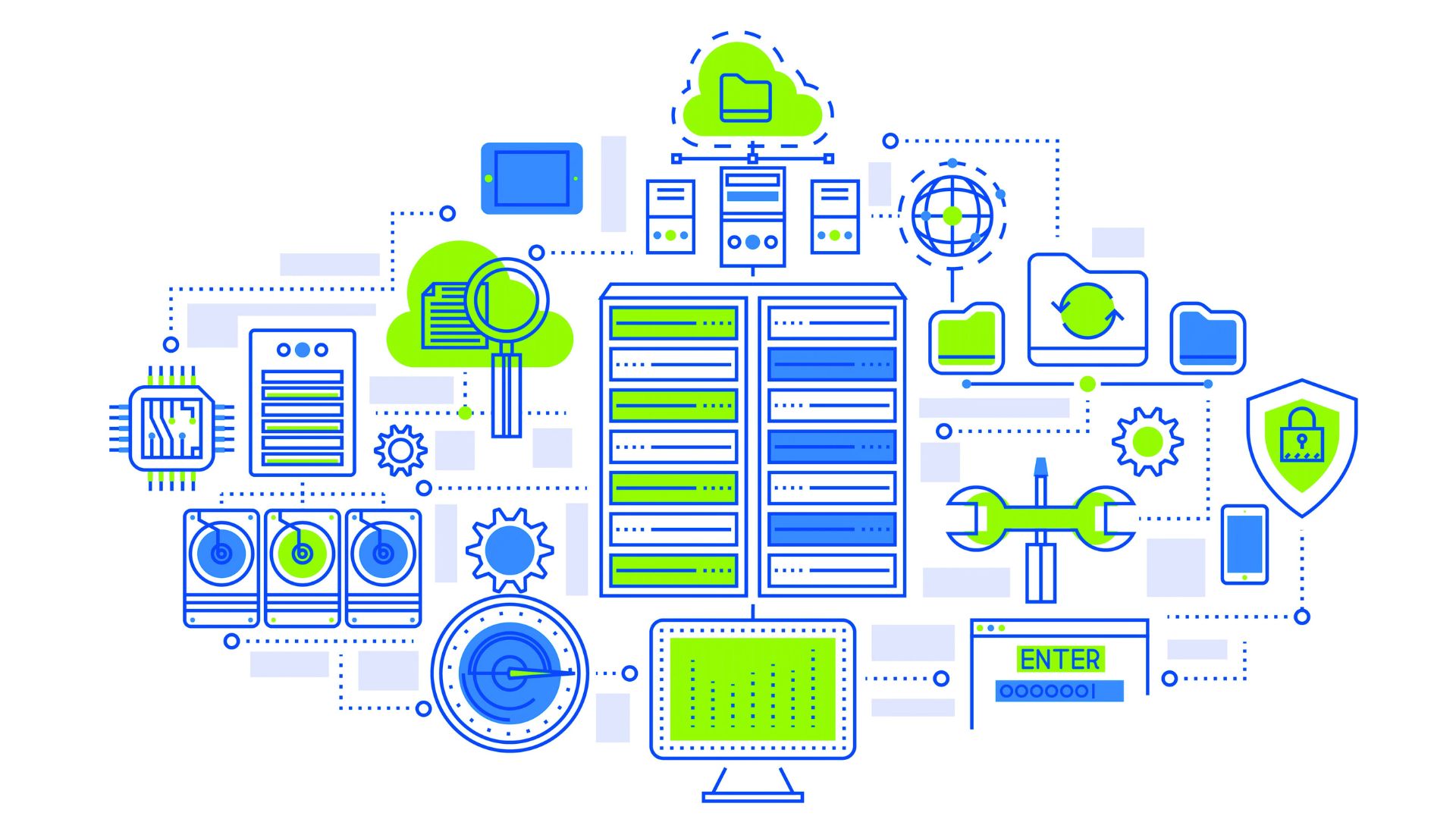 Illustration of digital infrastructure showing servers, cloud storage, security systems, analytics dashboard, and connected network components representing modern business technology systems.